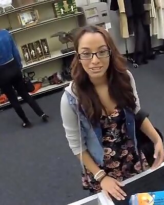 Coed in glasses sells her boobs and fucked by pawnkeeper