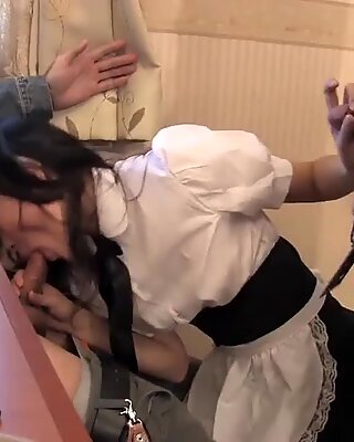 Cute asian waitress gives double blowjob