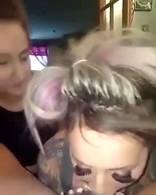 Dirty Chav babes take it in turns Deepthroating cock