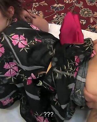 Asian kimono babe fucked by three dudes